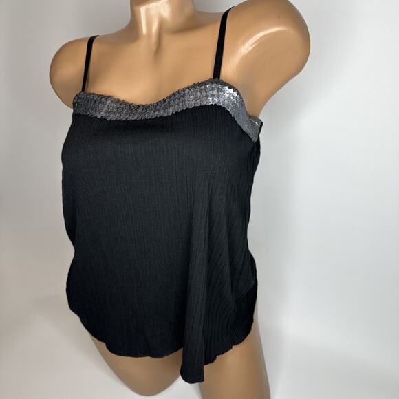 Wanko Black Ribbed Sequin Trim Cami Tank Top Y2K Whimsigoth Going Out Party M - Picture 10 of 10